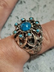 Vintage Coctail Ring Blue Cabachon Dome Dark Silver Tone Ornate Band Adjusts