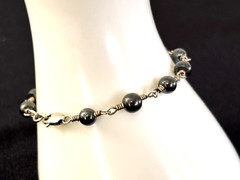 Vintage Sterling Silver 925 5MM Gray HEMATITE BEAD Link Bracelet 7.25″ L – 8.4G