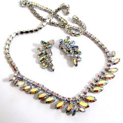 VTG EXQUISITE B DAVID AB RHINESTONE NECKLACE CLIP EARRINGS Prong Set 60s EXC