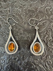 Vintage Unmarked Sterling Silver Baltic Amber Dangle Earrings 2″ Tested .925