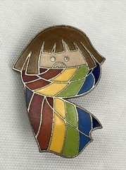 Vintage 1960’s Pinback Pin Brooch Little Cartoon Girl With Rainbow Scarf