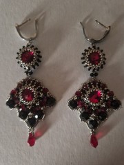 Handmade Beaded Drop Earrings Red Black Crystals Vintage Chandelier Dangle