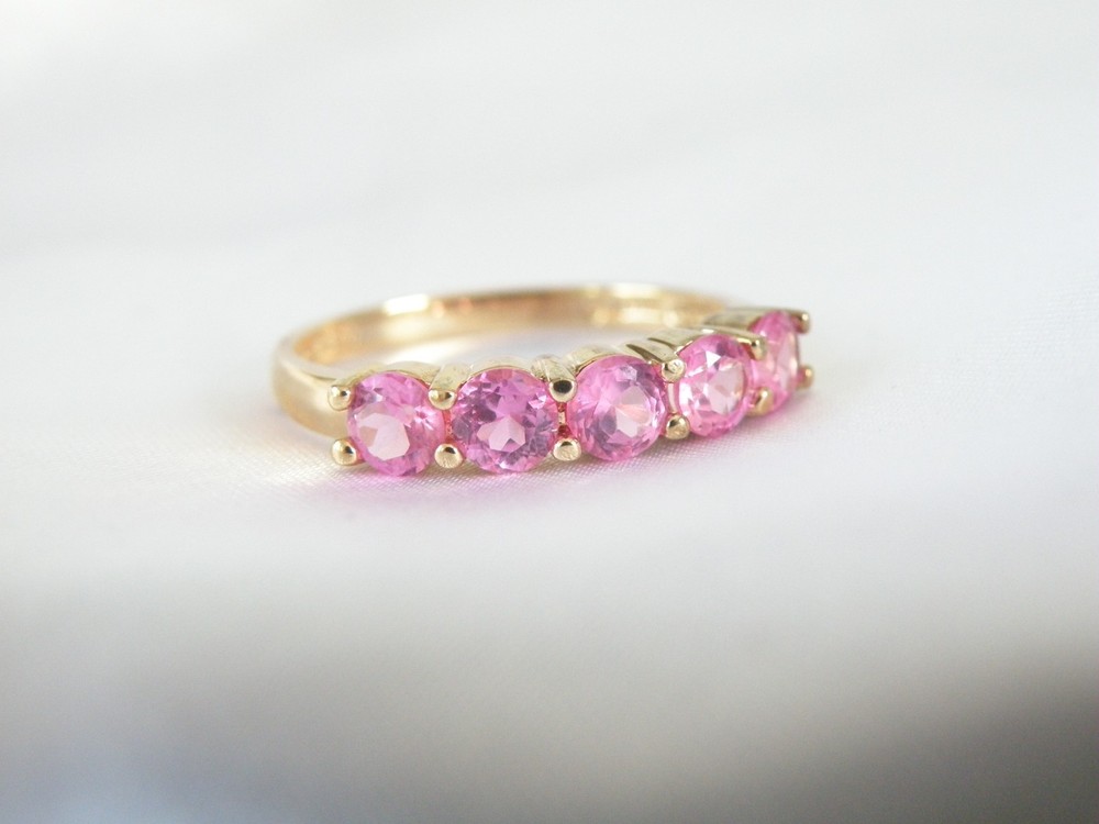 Vintage Sterling Silver 925 Gold on Pink Topaz 5 Stone Ring Size 9