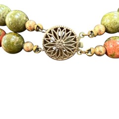 Vintage Necklace 2 Strand Green Pink Unakite Sterling Silver Closure 17 Inches
