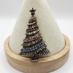 Vintage B.J. Christmas Tree Brooch Rhinestone Signed