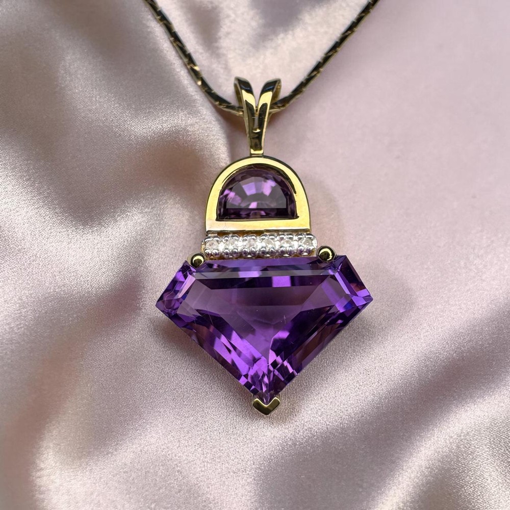 VINTAGE 14K Gold Natural Amethyst & Diamond Necklace -17″ Contemporary -4.4g
