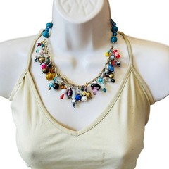 Vtg Art Glass Necklace Beaded Charm dangle Flashy colorful crystal Rare 18″ L
