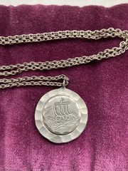 VTG Pewter Necklace Kjeld Hansen Viking Ship Copenhagen Pendant Denmark 1″ Chain