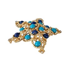 MANDLE Blue Floss Glass, Turquoise Glass Stone Cab Star Brooch Signed, L195