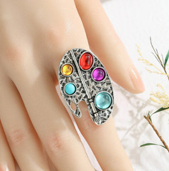 Vintage Silver Geometric Ring Women Oval Colored Stone Adjustable Jewelry