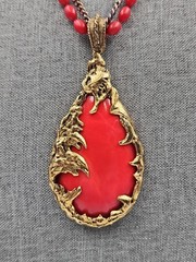 1960s Brutalist Love Witch Red Bead Gold Tone Pendant Necklace Vintage
