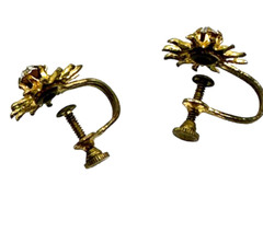 Vintage Sun Earrings Rhinestone Gold Tone Screw Back Dainty Everyday Retro