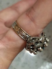 Vintage Coctail Ring Blue Cabachon Dome Dark Silver Tone Ornate Band Adjusts