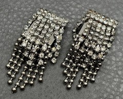 Vintage Rhinestone Dangle Chandelier Earrings Ball Chain Tassel Silver Tone