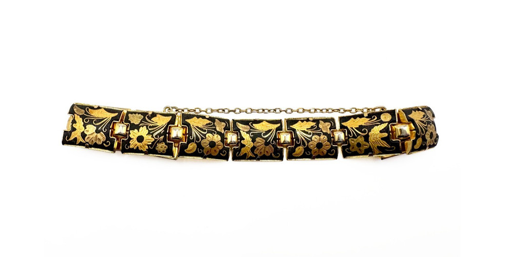 Vintage Damascene Link Bracelet Black Gold Floral Inlay Spain With Safety Chain