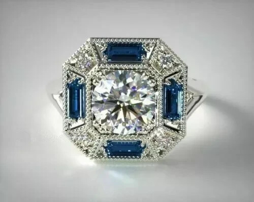 Art Deco Style Lab Created Diamond & Sapphire Wedding 14K White Gold FN Ring