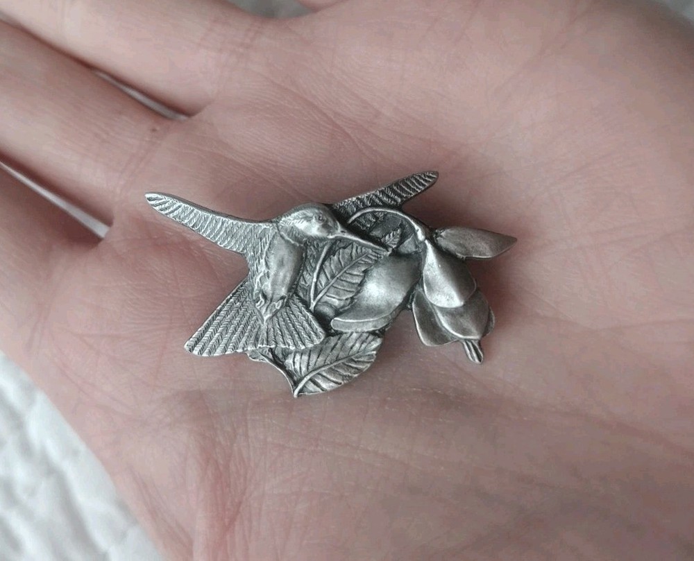 Vintage Birds & Blooms Pewter Hummingbird Pin Brooch Premiere Edition