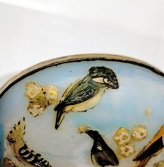 Antique Opalescent Glass Brooch Hand-Painted Birds C Clasp Victorian 1.5″