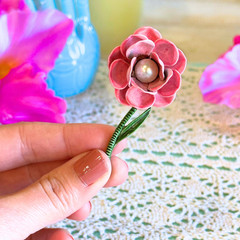 Vintage Pink Enamel Rose Brooch Faux Pearl Floral Pin Mid Century Cottagecore