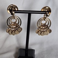 Vtg Faux Mercury Dime Coin Dangle Hoop Screw Back Earrings 2″ Drop