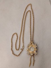 Vintage Lind 14KGE Rhinestone Cuckoo Clock Quartz Watch Brooch Pendant 24″ Chain