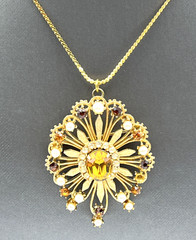 Vintage Francois by Coro Rhinestone Brooch & Pendant Necklace Gold Tone 16″