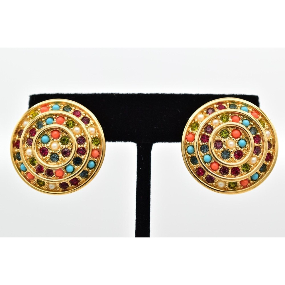 D’orlan Vintage Clip Earrings Round Cabochon Coral Turquoise Gold Signed BinBF