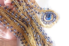 Vintage Signed Marvella Multi Strand Long Necklace Large Brooch Blue Glass Beads