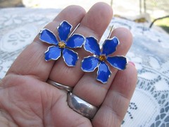 Vintage silver tone Blue enamel flower French wire Earrings orange rhinestones
