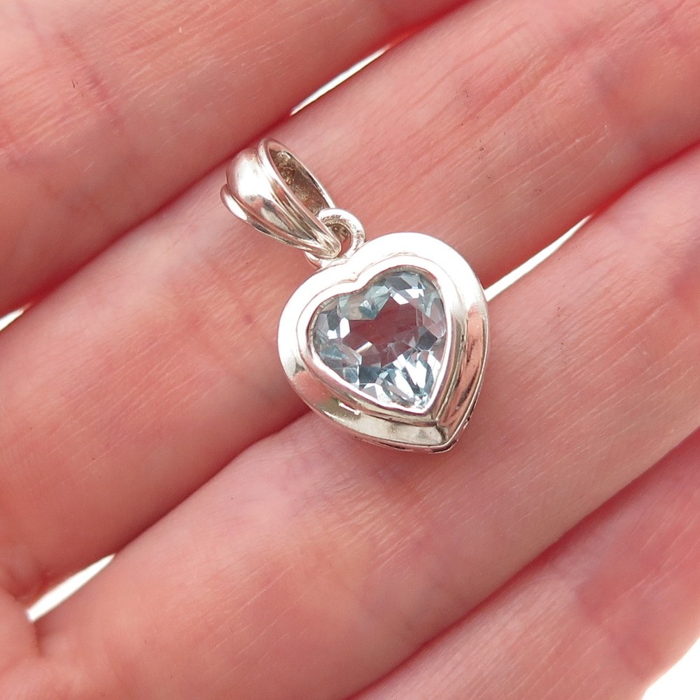 925 Sterling Silver Vintage Real Blue Topaz Heart Charm Pendant