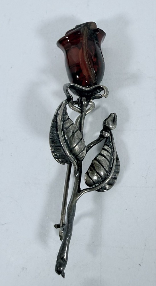 Vintage Baltic Amber Carved Rose Sterling Stem Pin Brooch, Unmarked 2.25in Long