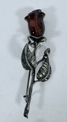 Vintage Baltic Amber Carved Rose Sterling Stem Pin Brooch, Unmarked 2.25in Long