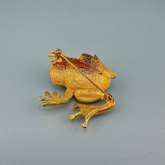 Vintage Rhinestone Green Enamel Frog Brooch Shiny Gold Tone Leap Jump Figural
