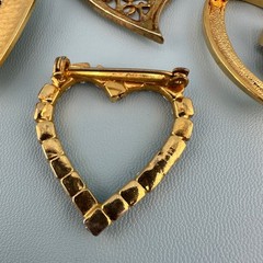 Vintage Heart Brooch Lot Gold Silver Tone Rhinestone Filigree Open Work Ribbon