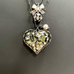 Gothic Betsey Johnson Snake Pattern Glass Heart & Bow Rhinestone Dual Necklace