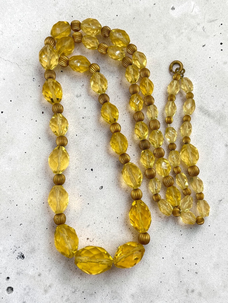 VTG Art Deco faceted Citrine glass bead necklace 32″ brass spacers 10-17mm