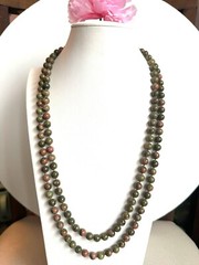 BEAUTIFUL Vintage HAND KNOTTED FLAPPER NECKLACE Natural UNAKITE Stone 56”in,131g