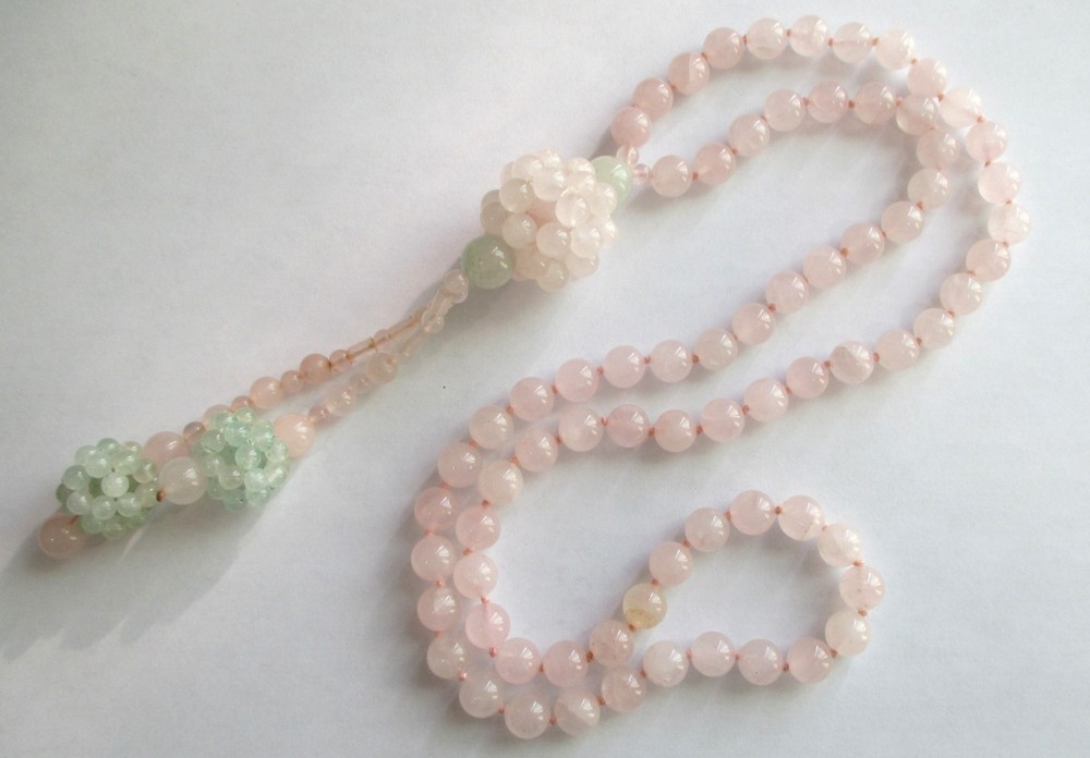 VINTAGE ROSE QUARTZ AVENTURINE KNOTTED BEAD LARIAT TASSEL NECKLACE ASIAN EXPORT