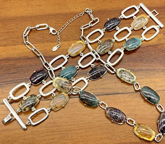 Monet Multi Colored Cabochon Necklace with Wide Chunky Bracelet Silver Tone Set
