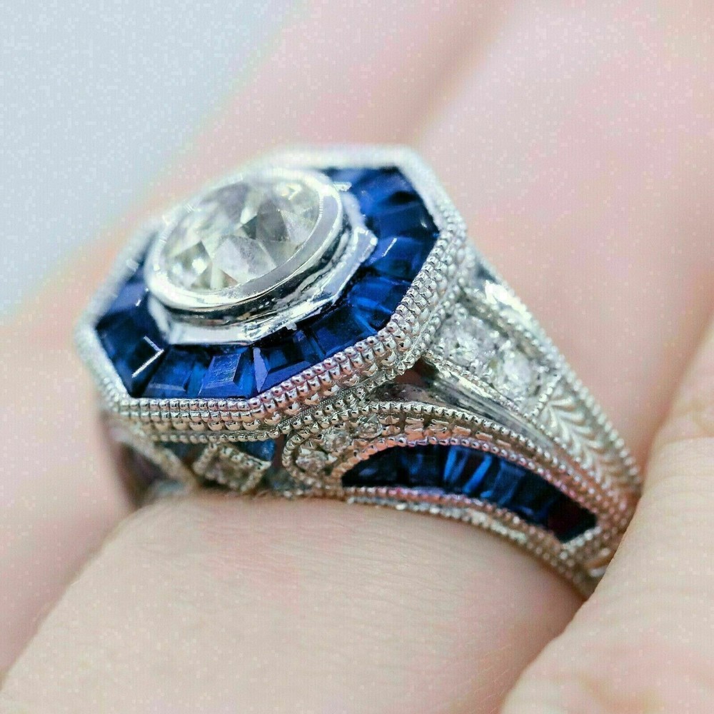 Vintage Art Deco Lab Created Diamond & Sapphire Engagement 925Silver Gifted Ring