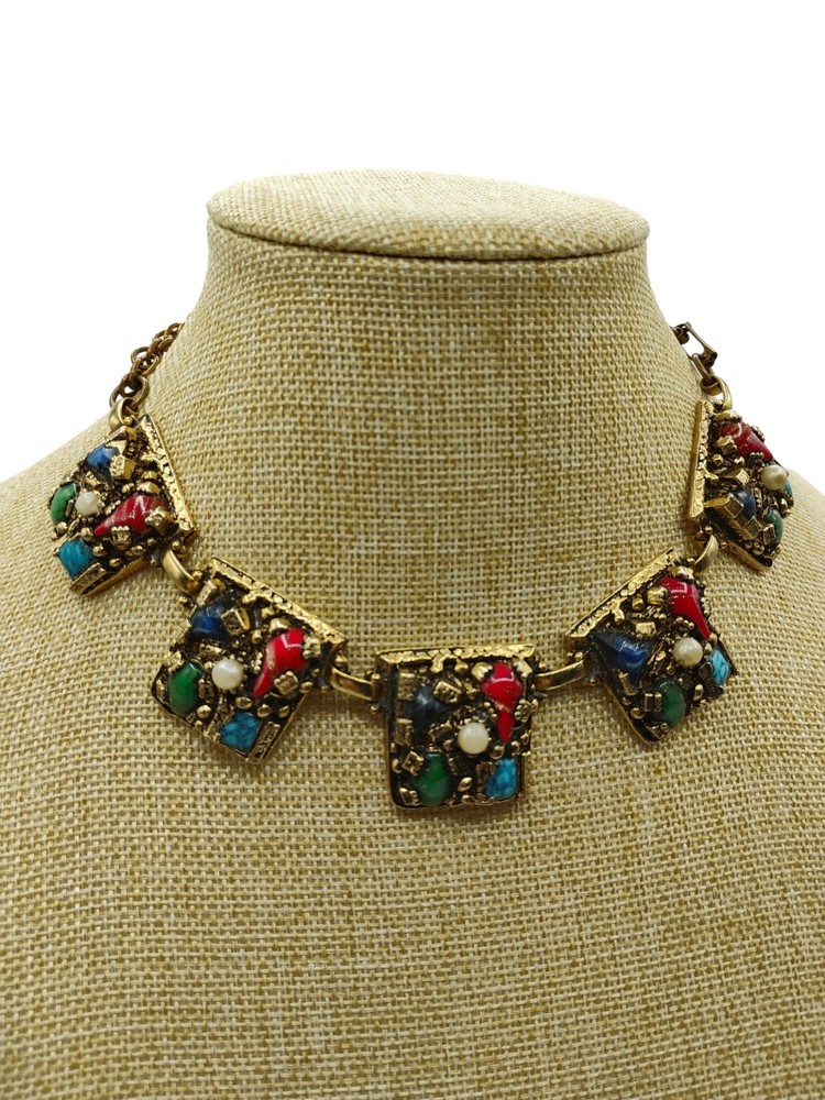 14″ Selro Selini Gold Tone Multi Color Cabochon Choker Necklace Unsigned