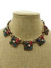 14″ Selro Selini Gold Tone Multi Color Cabochon Choker Necklace Unsigned