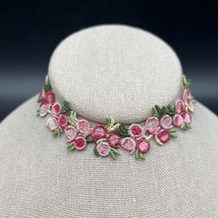 Vintage 90s Fabric Choker Necklace Pink Floral Adjustable 12.5 to 14.5 Inch