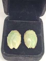 Vintage Carved Green Jade Jadeite Leaf Cicada Sterling Silver Screw Back…