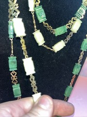 Faux Jade and Faux Ivory Look beaded necklace vintage 48” Statement Piece EUC
