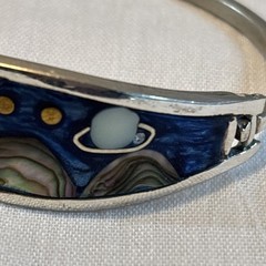 Vintage Alpaca Mexico Hinged Bracelet Celestial & Mountains Abalone, MOP 7”