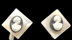 MOP Lucite Cameo Tension Paddle Clip On Earrings Mother Of Pearl Vtg Black White