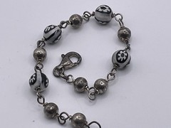Vintage Sterling Silver Bracelet Beaded Black White Flowers 925 Small 6 1/4″