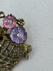 Vintage Victorian Revival Flower Basket Brooch Gold Tone Molded Glass Rhinestone