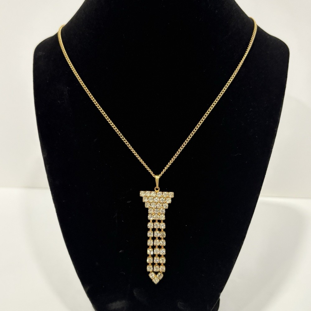 Vintage Gold Tone Faux Diamond Rhinestone Pendant Necklace – Art Deco Dangle